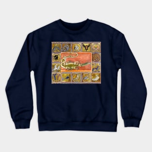 MEDIEVAL BESTIARY,CROCODILE EATING SEA SERPENT, MYTHICAL ANIMALS IN GOLD PINK BLUE COLORS Crewneck Sweatshirt